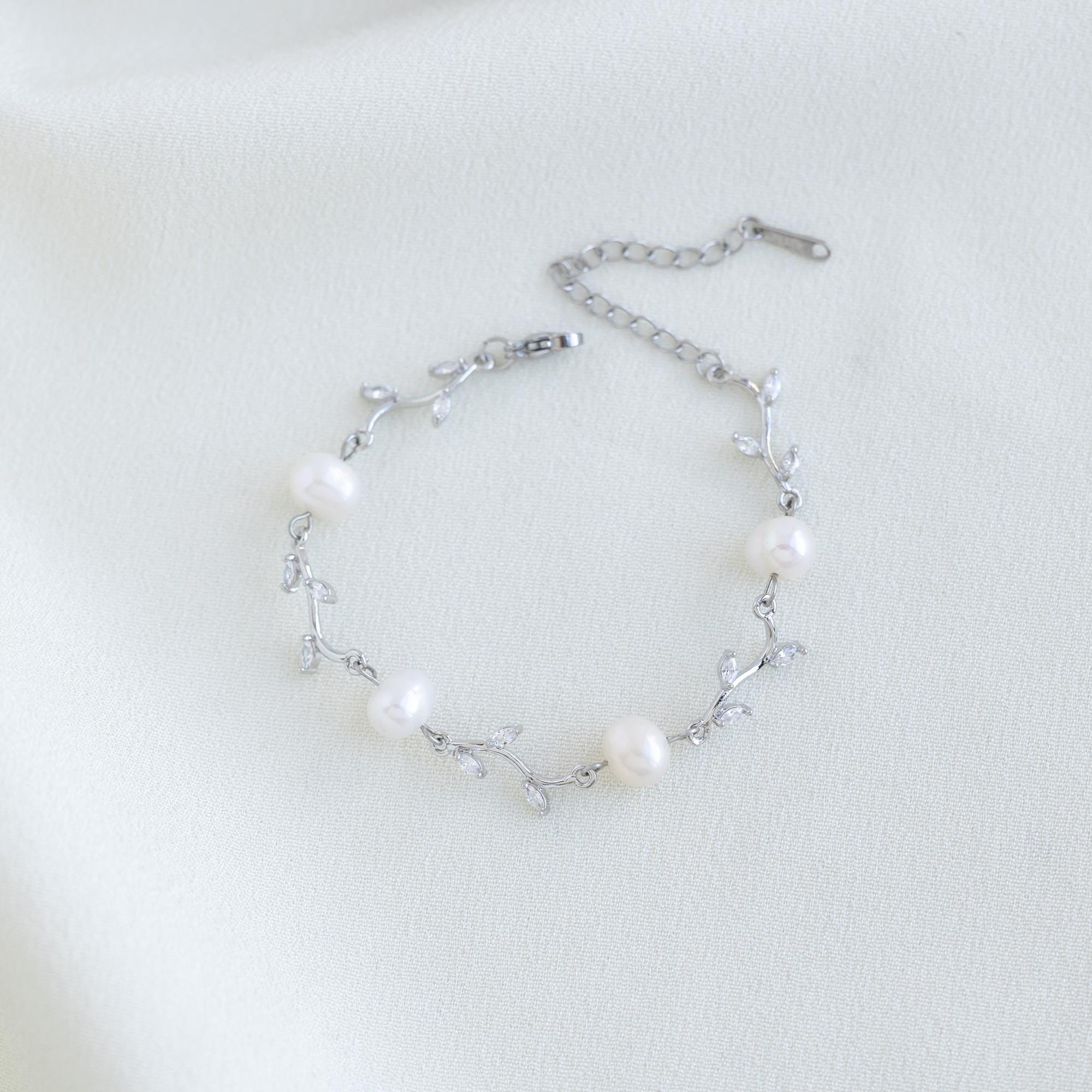 Diamond Leaf Pearl Bracelet Real Freshwater Jewelry Bridal Diamond Leaf Pearl Bracelet Real Freshwater Jewelry Bridal
