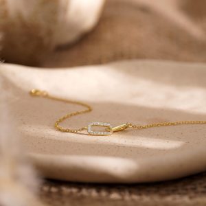 14k Gold Pave Paperclip Chain Bracelet Minimalist Cross