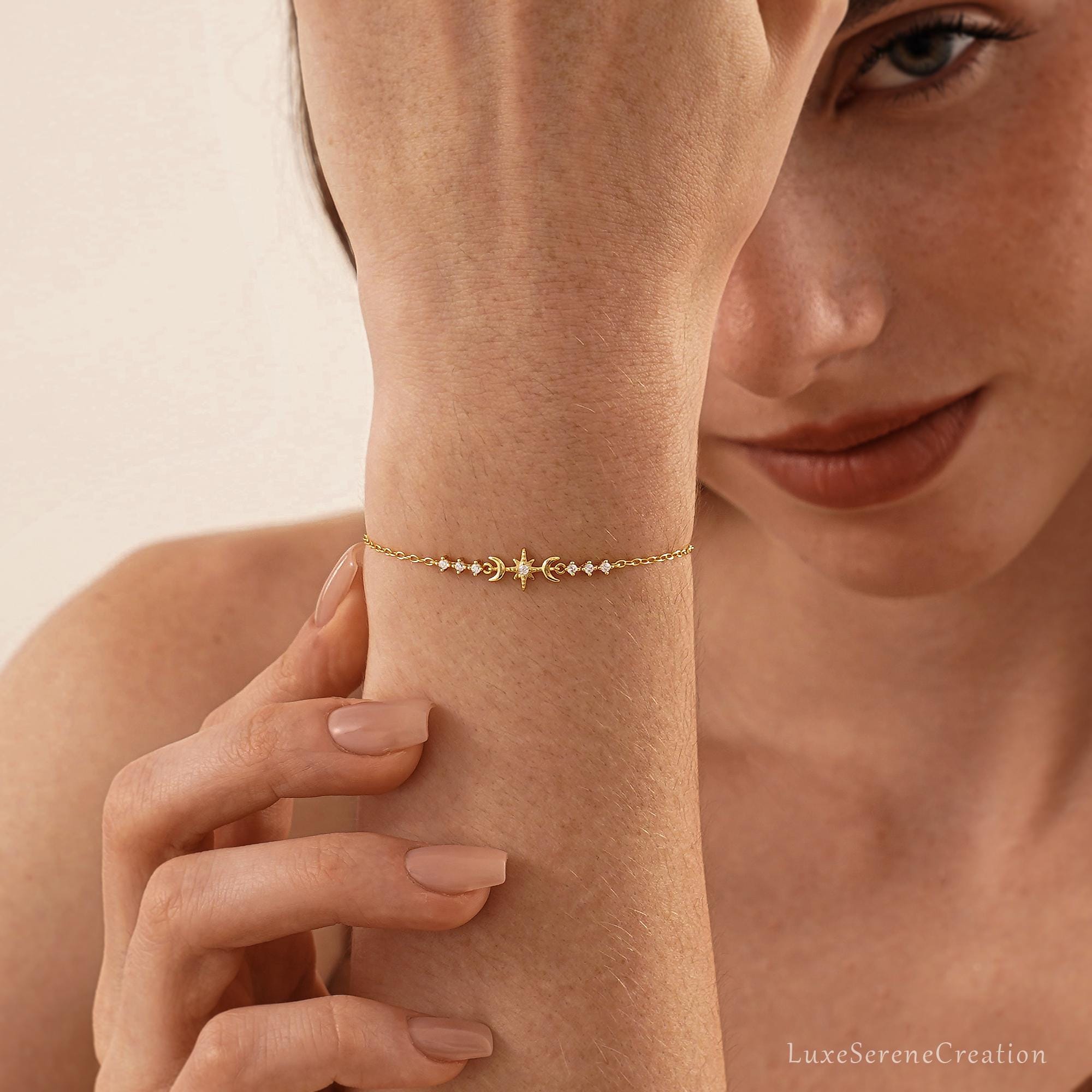 Minimalis Octagonal Star Moon Diamonds Bracelet 925 Sterling Minimalis Octagonal Star Moon Diamonds Bracelet 925 Sterling